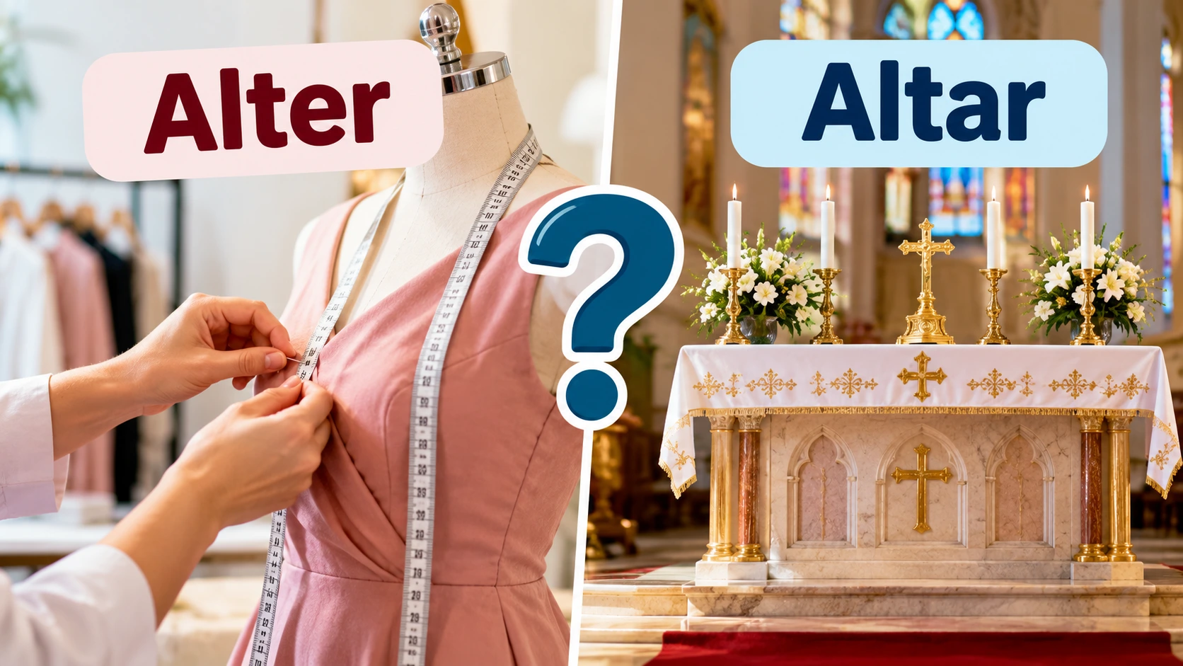 Alter or Altar comparison showing “Alter” means to change or modify and “Altar” refers to a sacred religious structure.