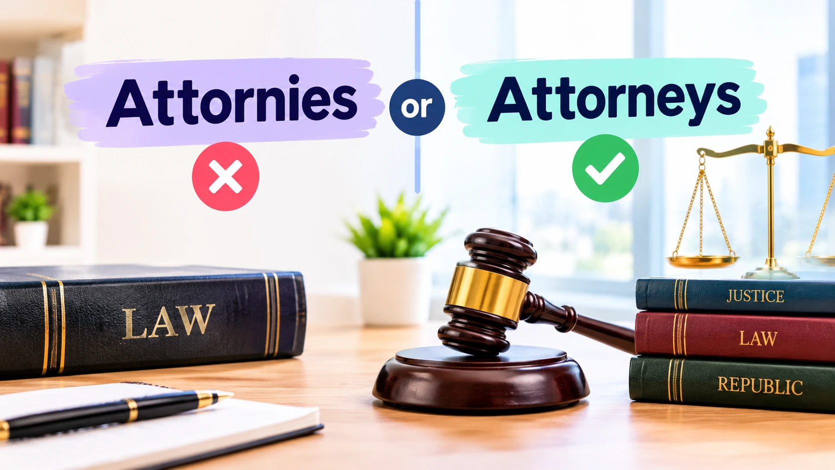 Attornies or attorneys spelling comparison showing the correct plural spelling of attorney