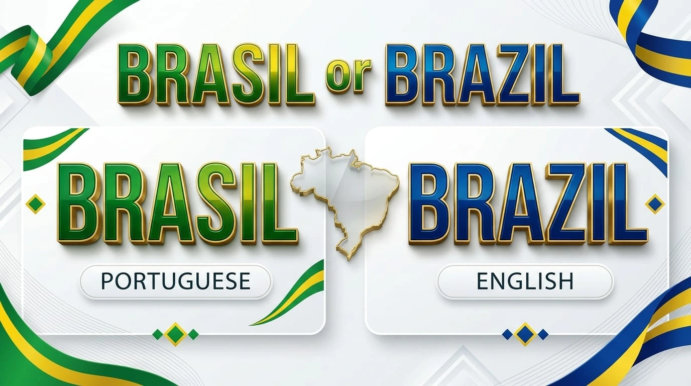 Brasil or Brazil spelling comparison showing the Portuguese and English names of the same South American country.