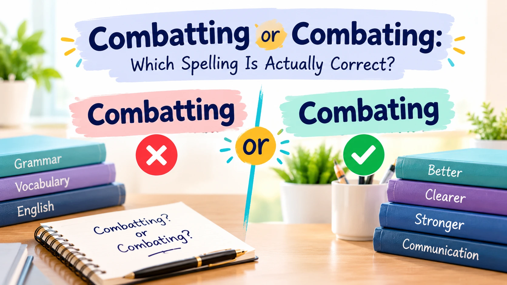 Combating or combatting spelling comparison showing both accepted forms, their meaning, and examples of correct English usage.