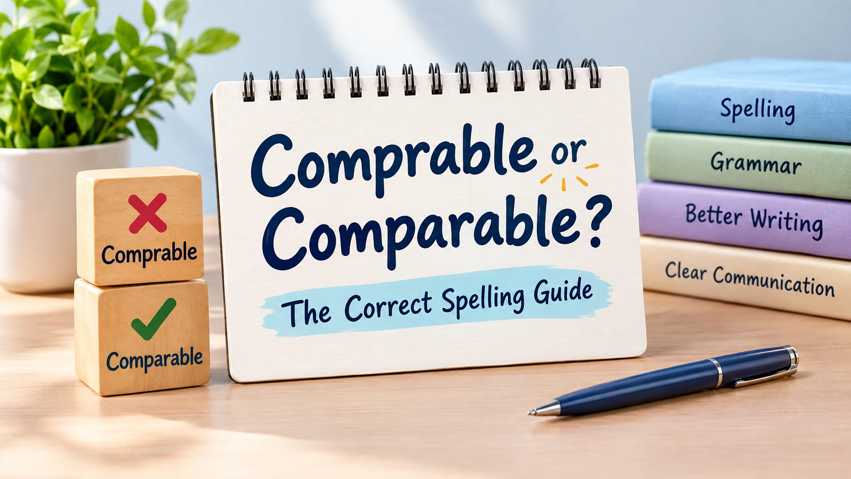 Comprable or Comparable spelling guide showing the correct spelling “Comparable” with a green check mark.