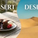 Dessert or desert spelling comparison showing a sweet chocolate cake beside a dry desert landscape
