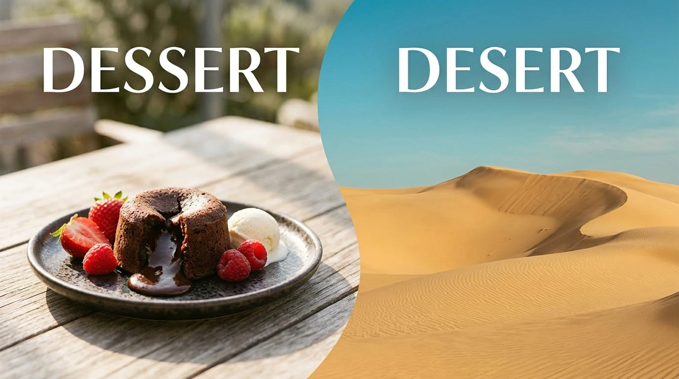 Dessert or desert spelling comparison showing a sweet chocolate cake beside a dry desert landscape