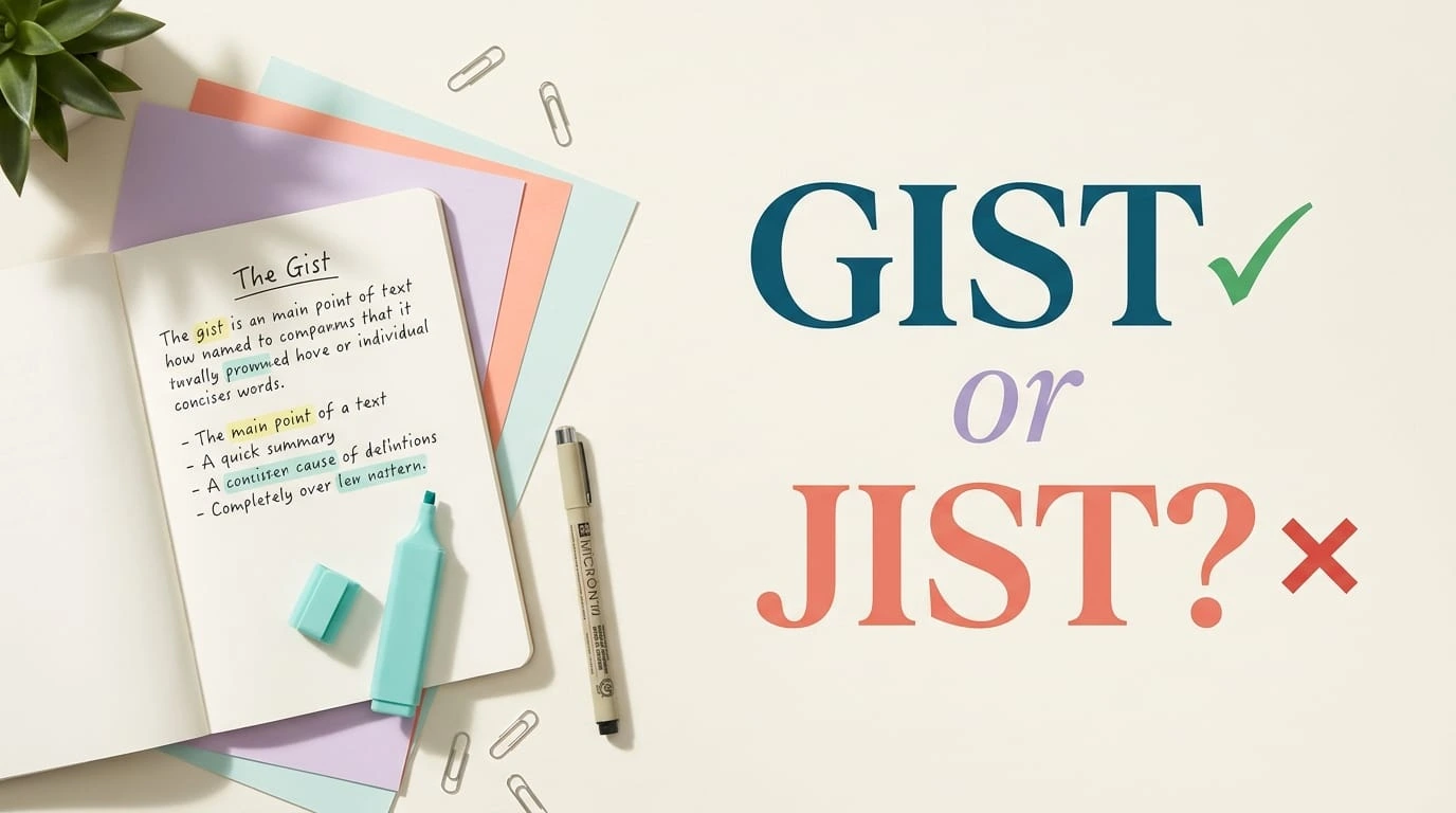 Gist or jist spelling comparison showing the correct spelling, meaning, and usage of the English word gist.
