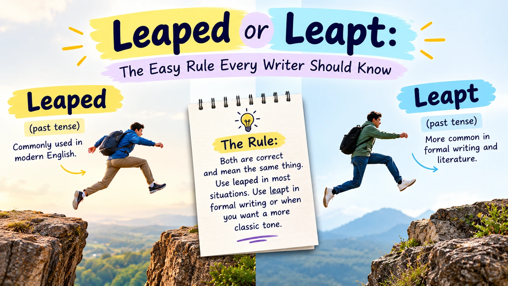 Leaped or leapt spelling comparison showing both correct past-tense forms of the verb leap
