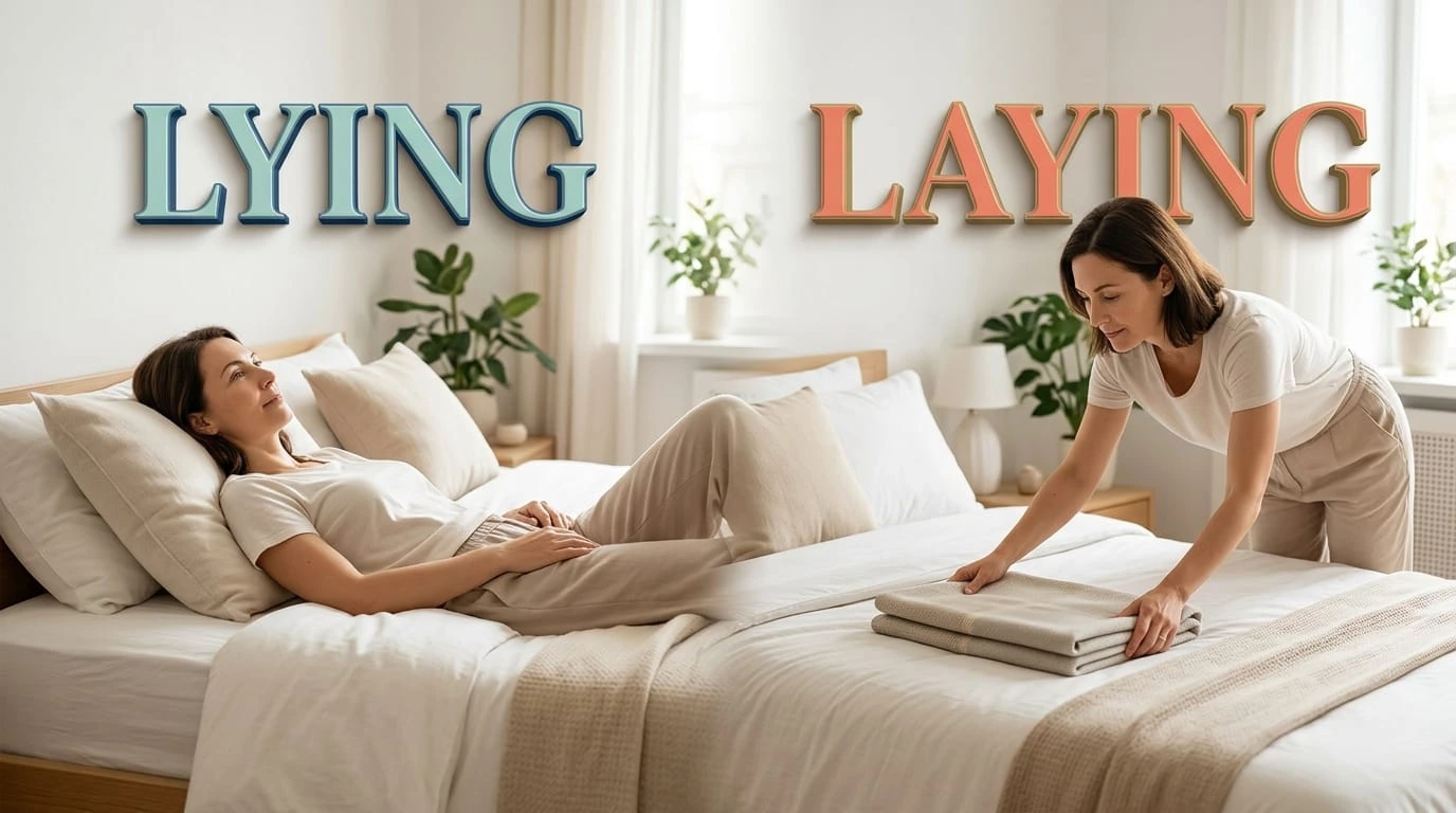 Lying or Laying: Visual comparison of the correct spelling and grammar usage with examples.