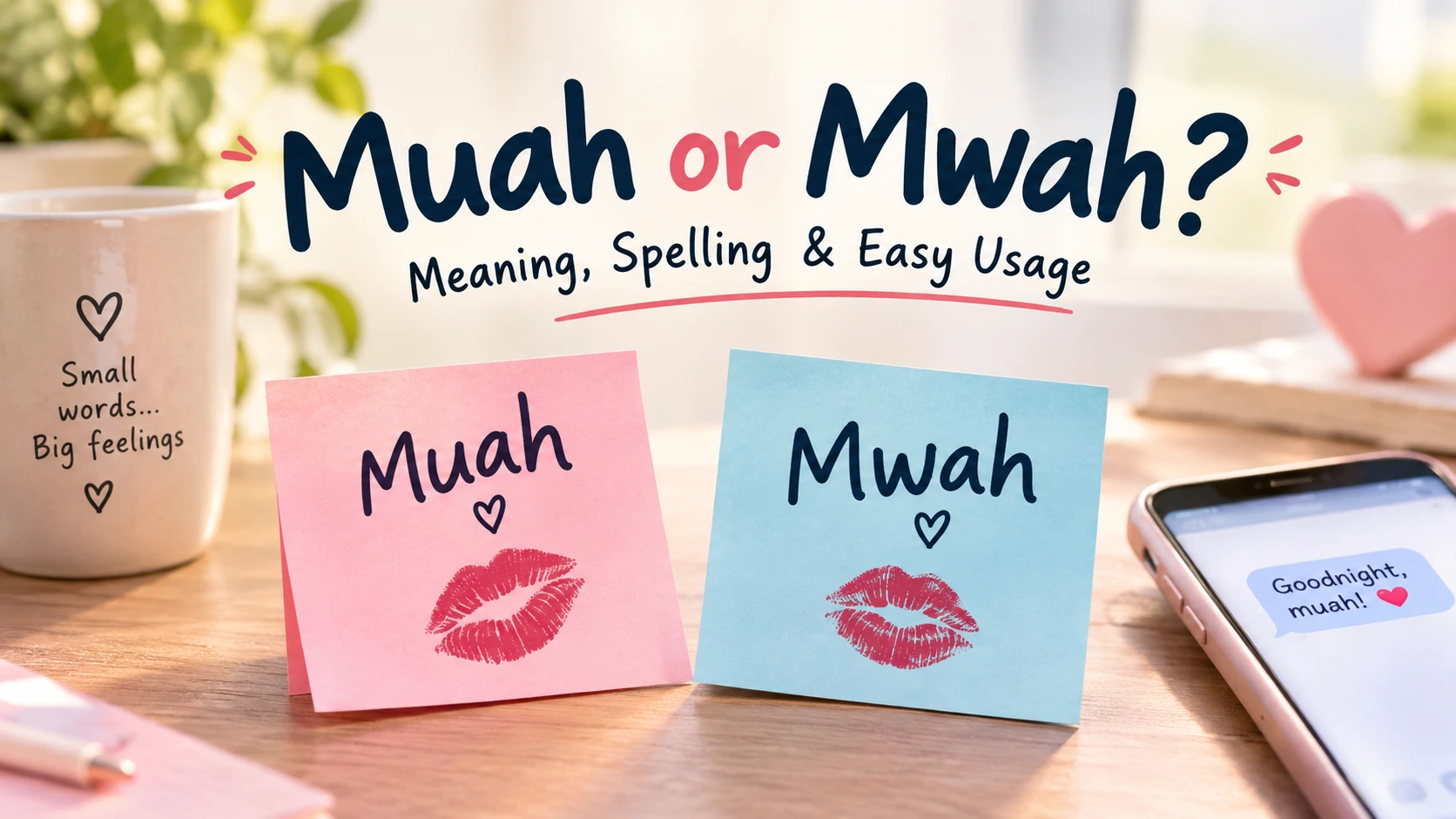 Muah or Mwah comparison showing the meaning, spelling, and casual usage of both kiss expressions.