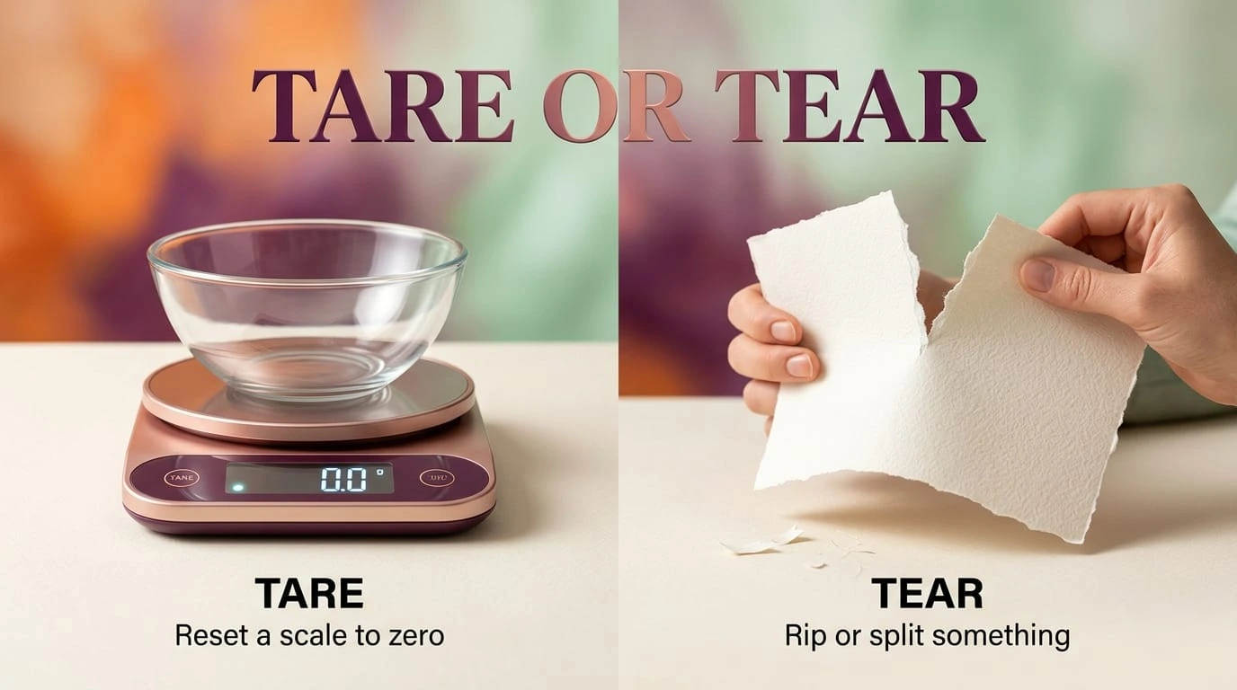 Tare or tear spelling comparison showing a digital kitchen scale and a tear rolling down a person's cheek.
