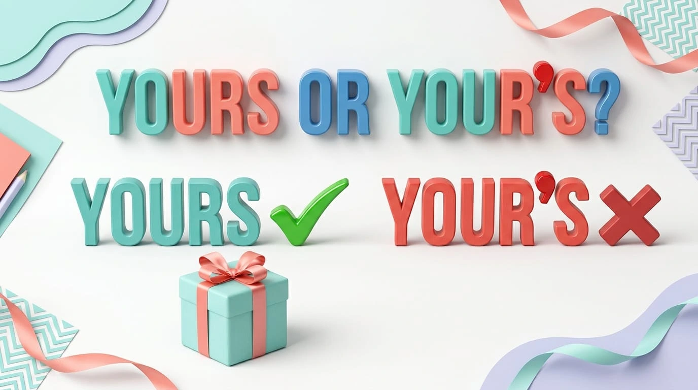 Yours or your’s spelling comparison showing the correct possessive pronoun and the incorrect apostrophe form.